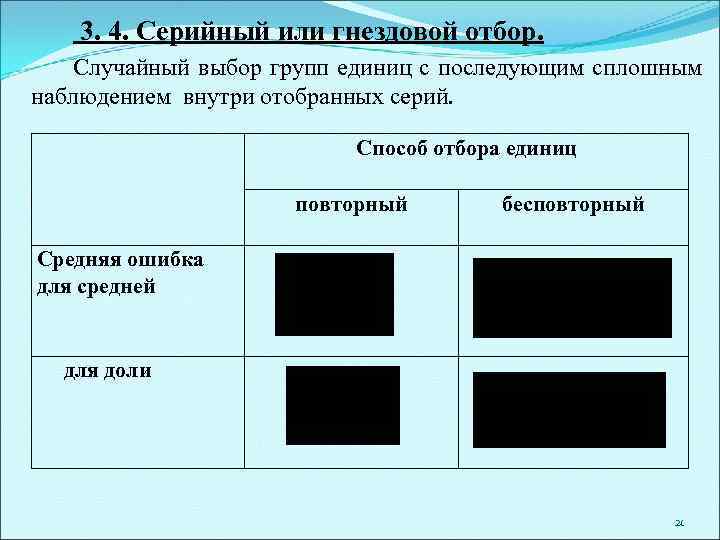  3. 4. Серийный или гнездовой отбор. Случайный выбор групп единиц с последующим