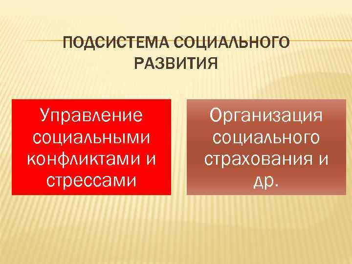   ПОДСИСТЕМА СОЦИАЛЬНОГО  РАЗВИТИЯ  Управление Организация социальными социального конфликтами и 