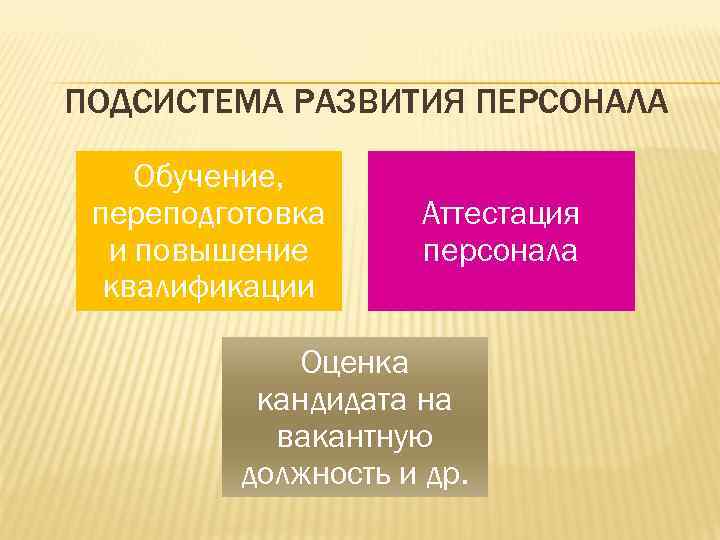 ПОДСИСТЕМА РАЗВИТИЯ ПЕРСОНАЛА Обучение,  переподготовка Аттестация  и повышение  персонала  квалификации