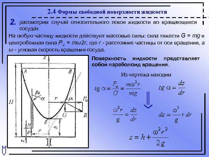 Свободная поверхность. Гидравлика форма свободной поверхности. Относительный покой жидкости во вращающемся сосуде. Форма врящающийся жидкости. Форма вращающейся жидкости.