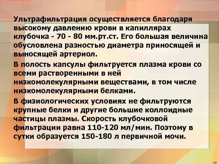 Ультрафильтрация осуществляется благодаря высокому давлению крови в капиллярах клубочка - 70 - 80 мм.