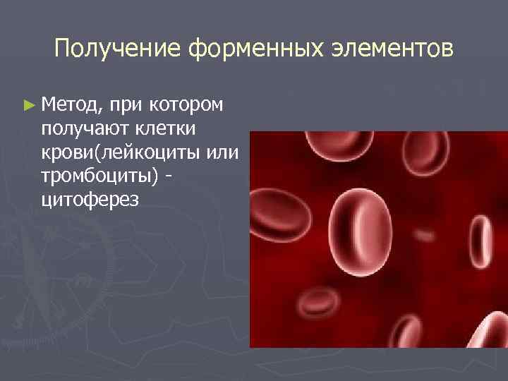   Получение форменных элементов ► Метод, при котором получают клетки крови(лейкоциты или тромбоциты)