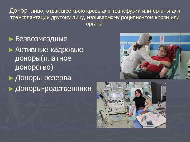 Донор- лицо, отдающее свою кровь для трансфузии или органы для трансплантации другому лицу, называемому