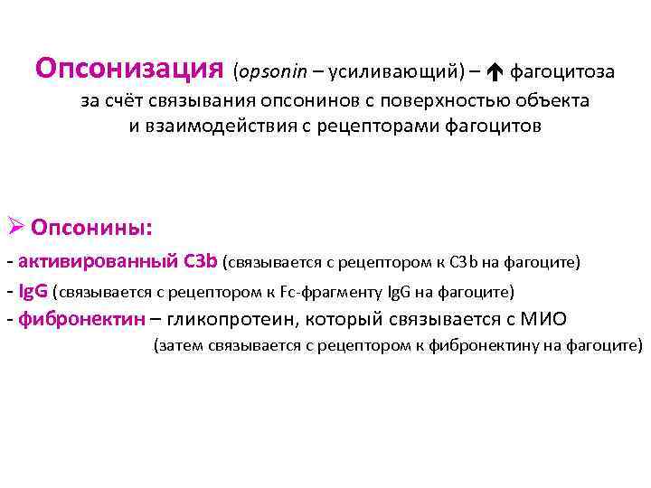   Опсонизация (opsonin – усиливающий) –  фагоцитоза   за счёт связывания