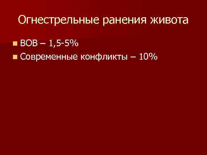 Огнестрельные ранения живота n ВОВ – 1, 5 -5% n Современные конфликты – Огнестрельные ранения живота n ВОВ – 1, 5 -5% n Современные конфликты –