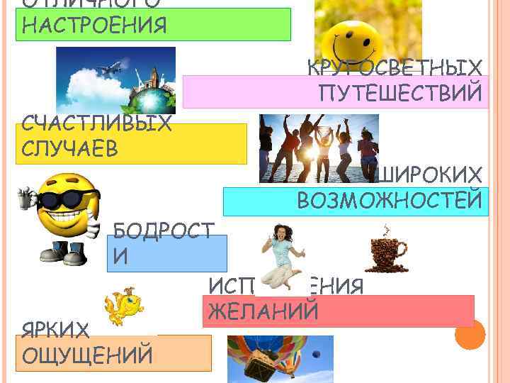 ОТЛИЧНОГО НАСТРОЕНИЯ    КРУГОСВЕТНЫХ     ПУТЕШЕСТВИЙ СЧАСТЛИВЫХ СЛУЧАЕВ 