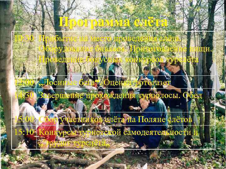    Программа слёта 10: 30 Прибытие на место проведения слёта.  Оборудование
