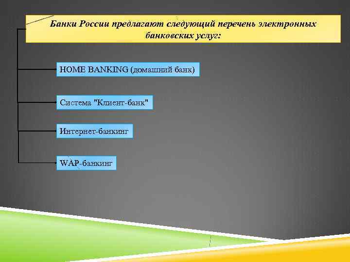 Банки России предлагают следующий перечень электронных     банковских услуг: HOME BANKING