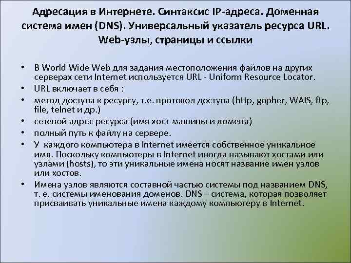  Адресация в Интернете. Синтаксис IP-адреса. Доменная система имен (DNS). Универсальный указатель ресурса URL.