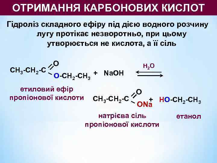  ОТРИМАННЯ КАРБОНОВИХ КИСЛОТ Гідроліз складного ефіру під дією водного розчину  лугу протікає