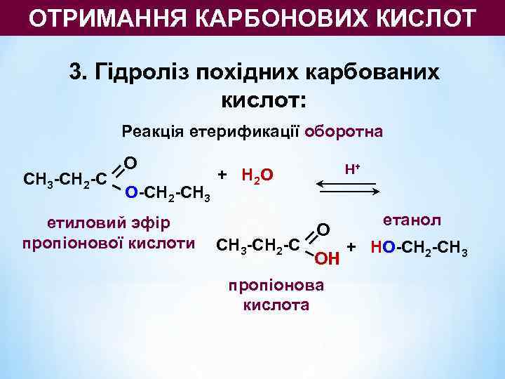 ОТРИМАННЯ КАРБОНОВИХ КИСЛОТ  3. Гідроліз похідних карбованих    кислот:  
