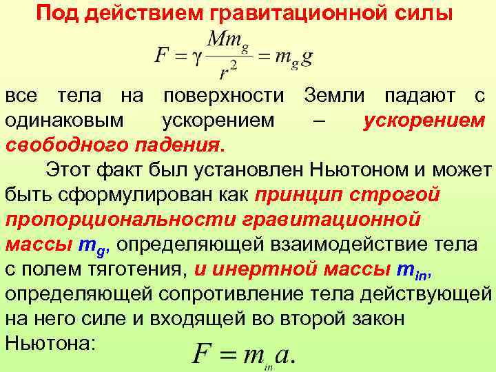  Под действием гравитационной силы  все тела на поверхности Земли падают с одинаковым