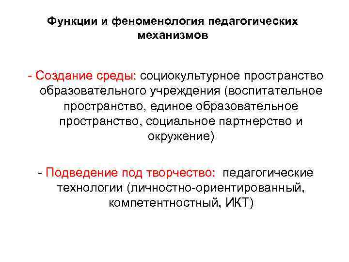   Функции и феноменология педагогических   механизмов  - Создание среды: социокультурное