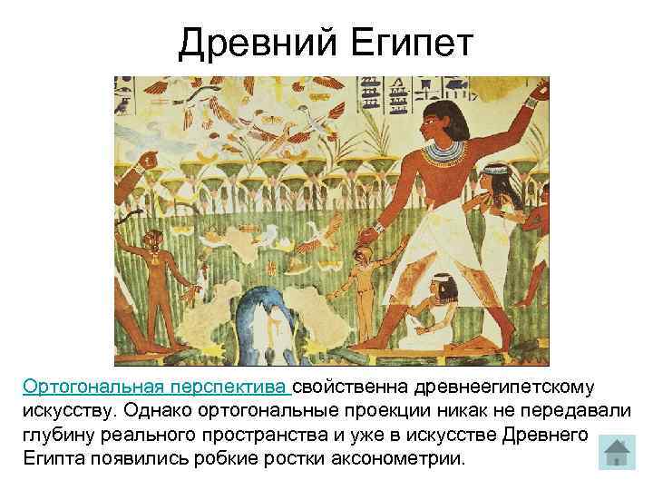     Древний Египет Ортогональная перспектива свойственна древнеегипетскому искусству. Однако ортогональные проекции