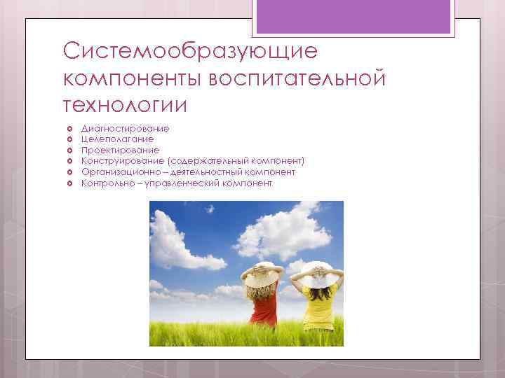 Системообразующие компоненты воспитательной технологии Диагностирование Целеполагание Проектирование Конструирование (содержательный компонент) Организационно – деятельностный компонент