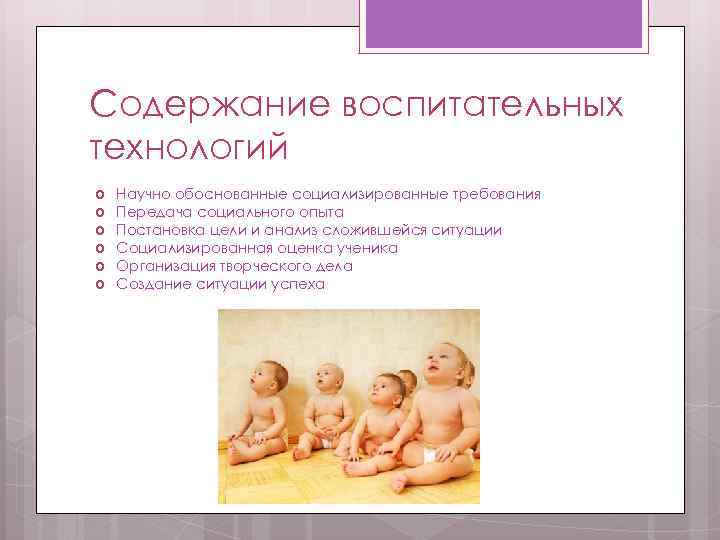 Содержание воспитательных технологий Научно обоснованные социализированные требования Передача социального опыта Постановка цели и анализ