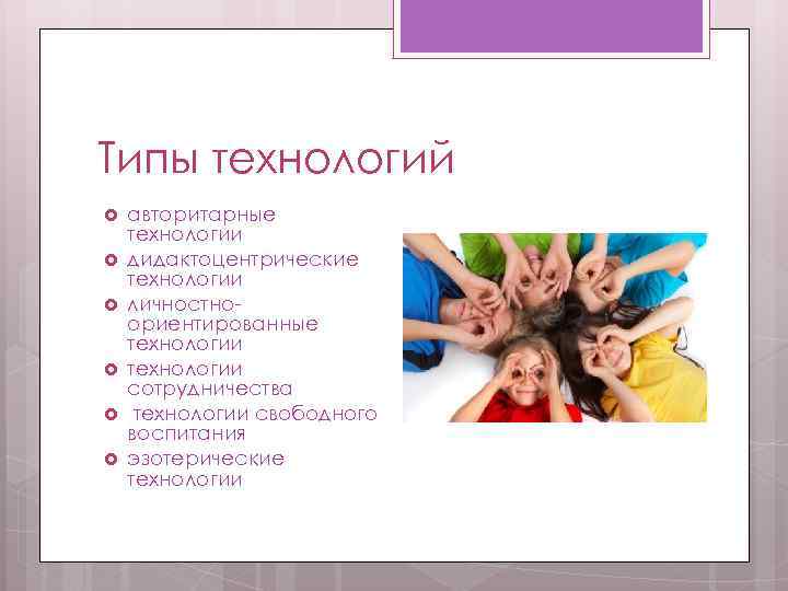 Типы технологий авторитарные технологии дидактоцентрические технологии личностно- ориентированные технологии сотрудничества технологии свободного воспитания эзотерические
