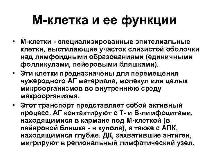  М-клетка и ее функции • М-клетки - специализированные эпителиальные  клетки, выстилающие участок