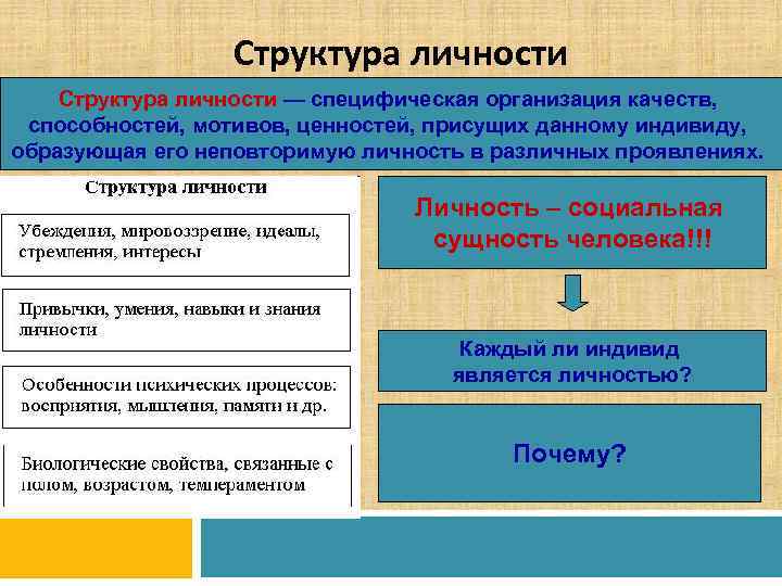    Структура личности — специфическая организация качеств,  способностей, мотивов, ценностей, присущих