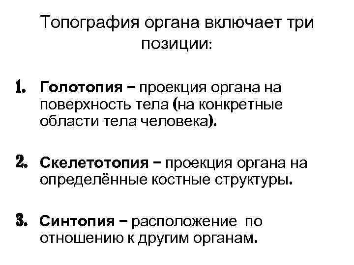  Топография органа включает три   позиции:  1. Голотопия – проекция органа