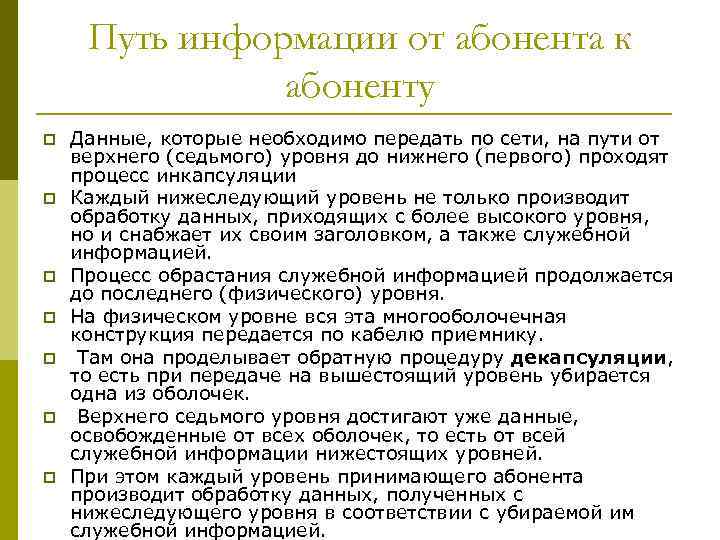 Путь информации от абонента к абоненту p Данные, которые Путь информации от абонента к абоненту p Данные, которые