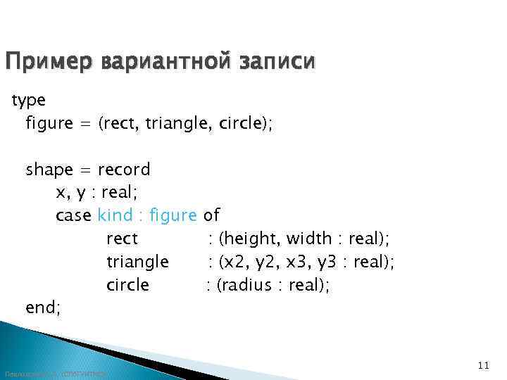 Пример вариантной записи type  figure = (rect, triangle, circle);  shape = record