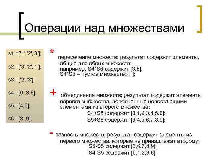  Операции над множествами s 1: =['1', '2', '3'];    *