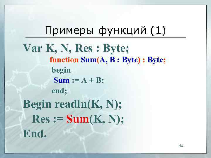  Примеры функций (1) Var K, N, Res : Byte;  function Sum(A,