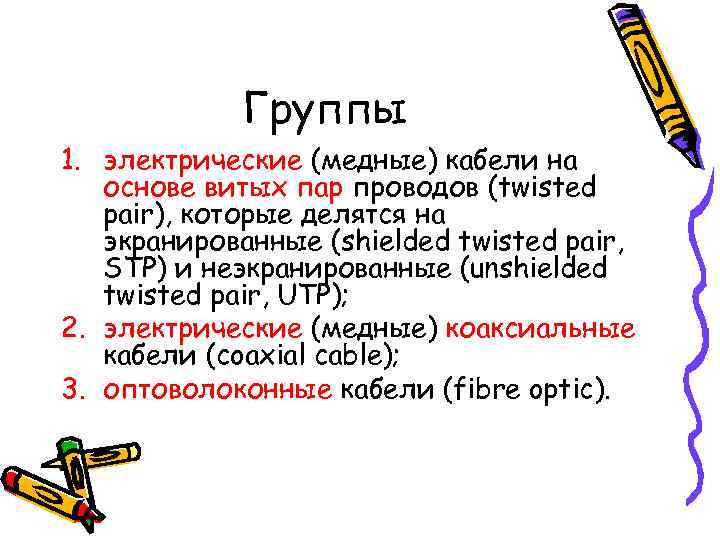   Группы 1. электрические (медные) кабели на  основе витых пар проводов (twisted