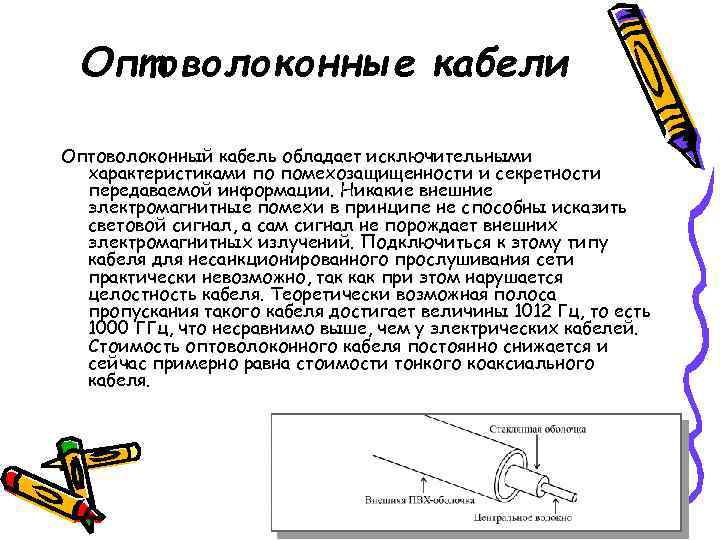  Оптоволоконные кабели Оптоволоконный кабель обладает исключительными  характеристиками по помехозащищенности и секретности 