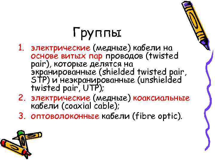   Группы 1. электрические (медные) кабели на  основе витых пар проводов (twisted