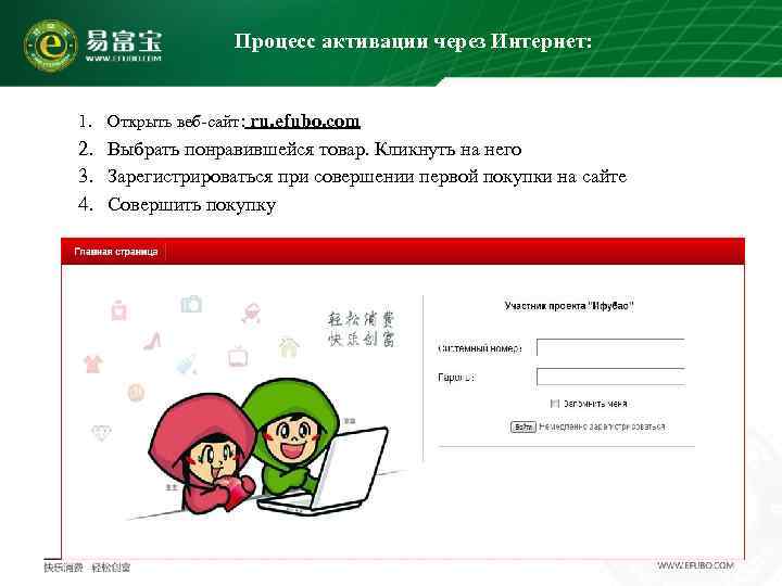   Процесс активации через Интернет:  1. Открыть веб-сайт: ru. efubo. com