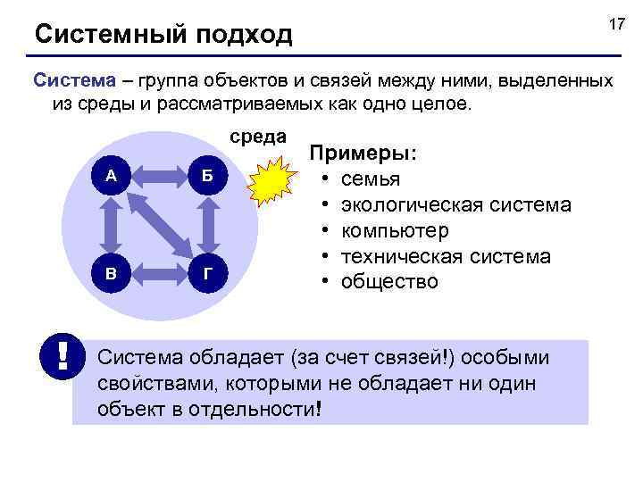       17 Системный подход Система – группа объектов и