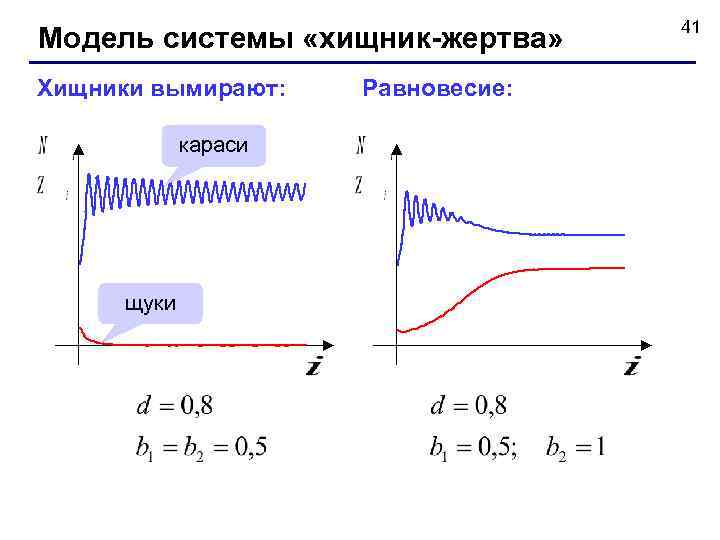       41 Модель системы «хищник-жертва» Хищники вымирают: Равновесие: 
