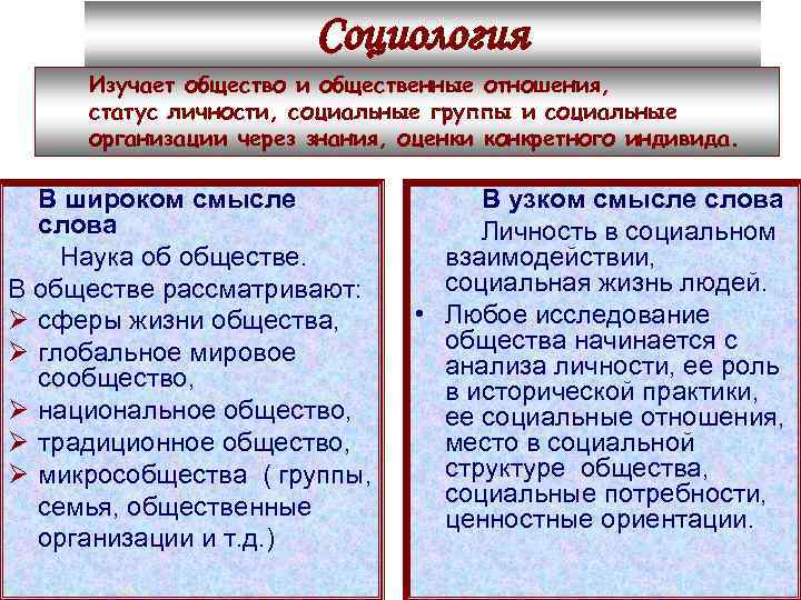     Социология Изучает общество и общественные отношения,  статус личности, социальные