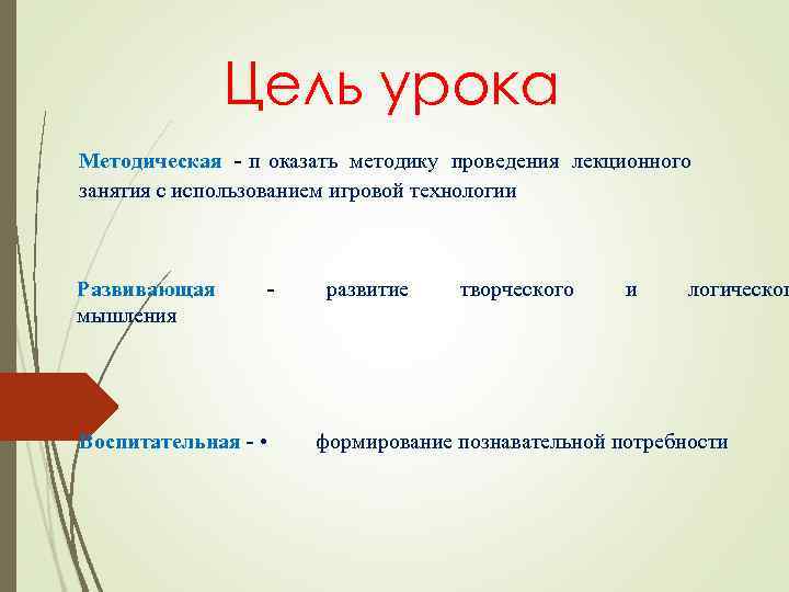     Цель урока Методическая - п оказать методику проведения лекционного занятия