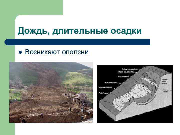 Дождь, длительные осадки l  Возникают оползни 
