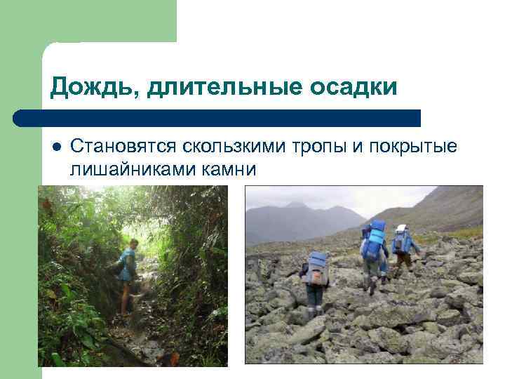 Дождь, длительные осадки l  Становятся скользкими тропы и покрытые лишайниками камни 