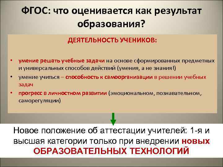   ФГОС: что оценивается как результат    образования?   