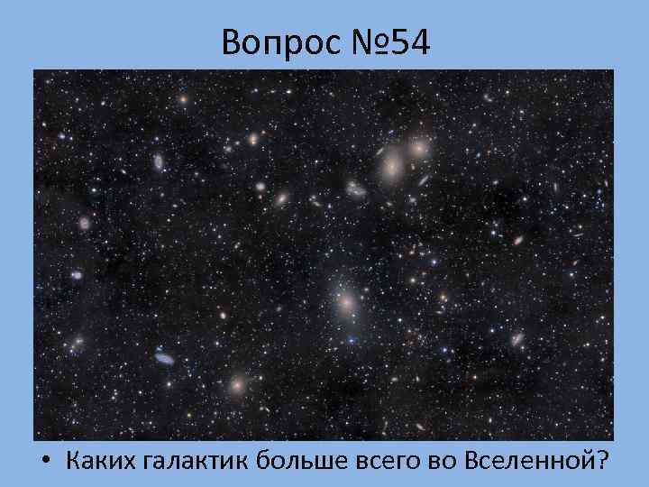    Вопрос № 54 • Каких галактик больше всего во Вселенной? 