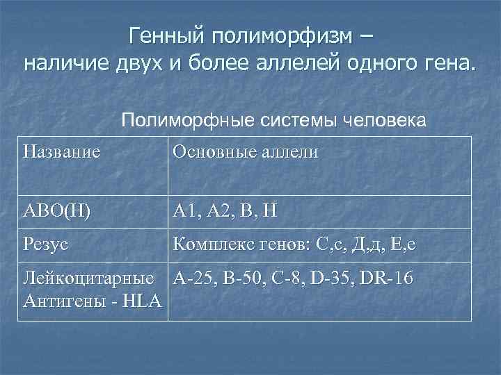    Генный полиморфизм – наличие двух и более аллелей одного гена. 