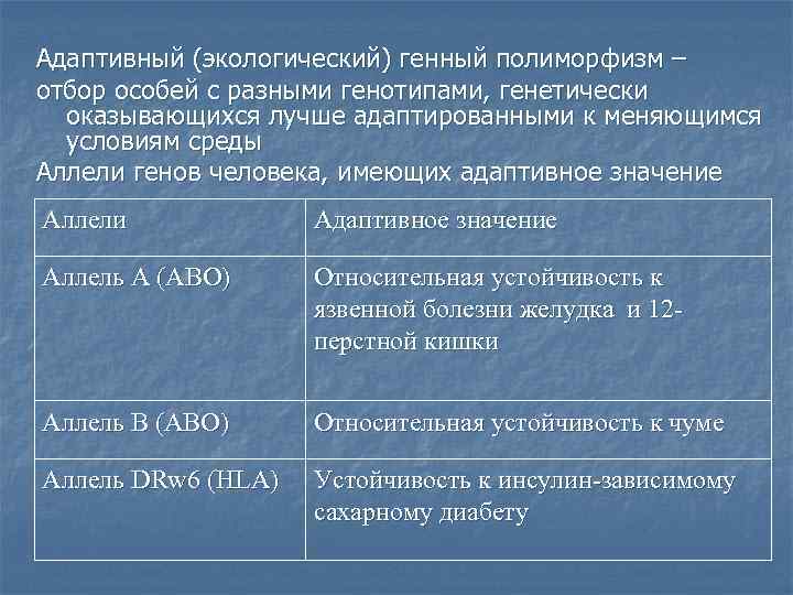 Адаптивный (экологический) генный полиморфизм – отбор особей с разными генотипами, генетически  оказывающихся лучше
