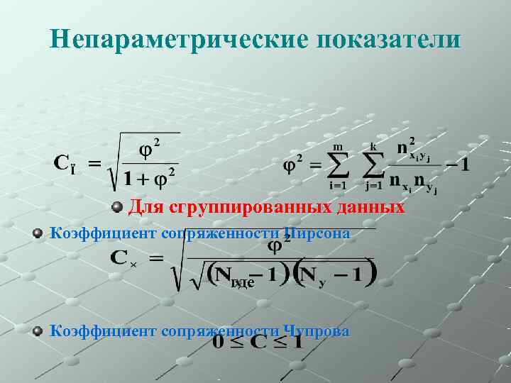 Непараметрические показатели   Для сгруппированных данных Коэффициент сопряженности Пирсона    
