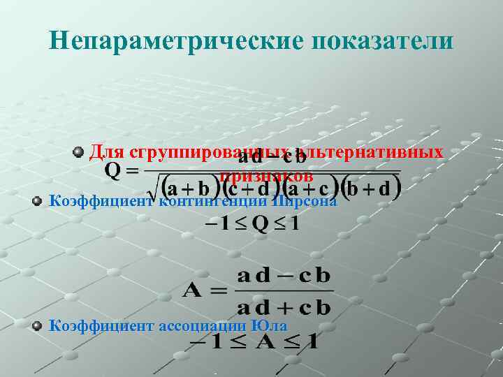 Непараметрические показатели  Для сгруппированных альтернативных   признаков Коэффициент контингенции Пирсона Коэффициент ассоциации