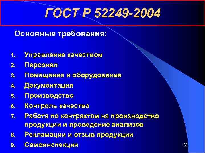    ГОСТ Р 52249 -2004 Основные требования:  1.  Управление качеством