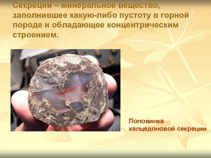 Секреции – минеральное вещество, заполнившее какую-либо пустоту в горной породе и обладающее концентрическим строением.