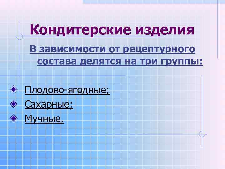 Кондитерские изделия В зависимости от рецептурного состава делятся на три группы:  Плодово-ягодные; Сахарные;