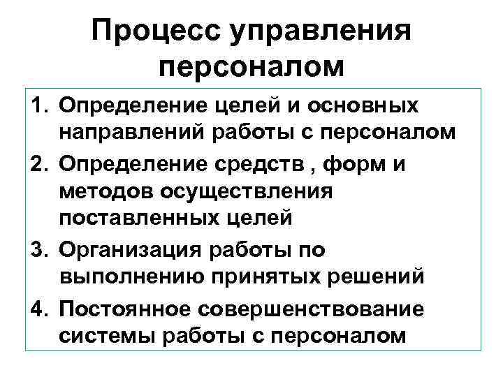   Процесс управления  персоналом 1. Определение целей и основных  направлений работы