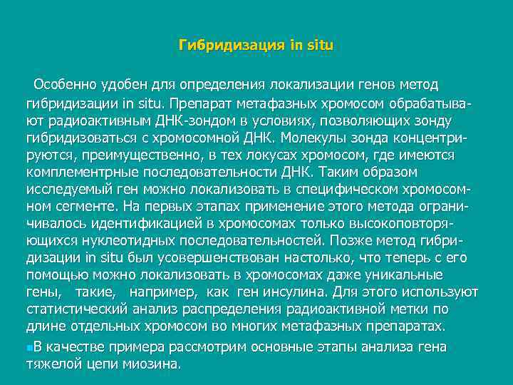      Гибридизация in situ  Особенно удобен для определения локализации