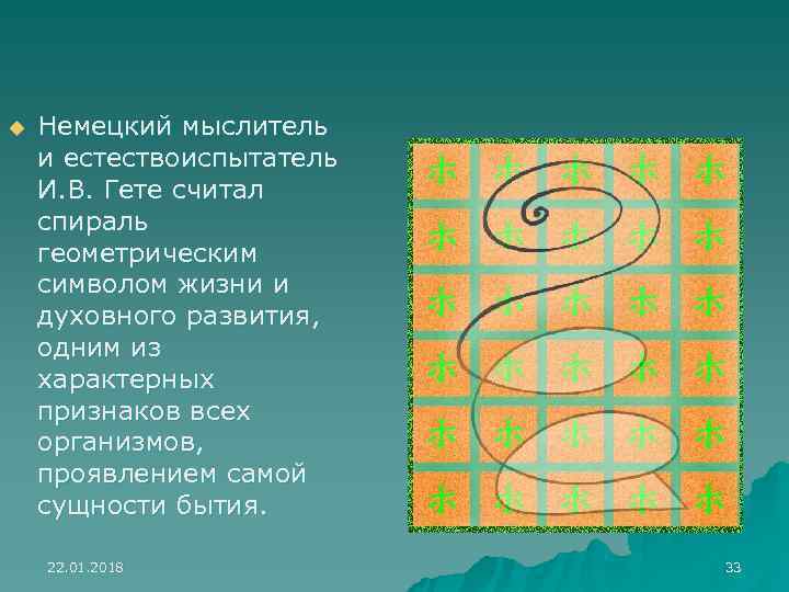 u  Немецкий мыслитель и естествоиспытатель И. В. Гете считал спираль геометрическим символом жизни